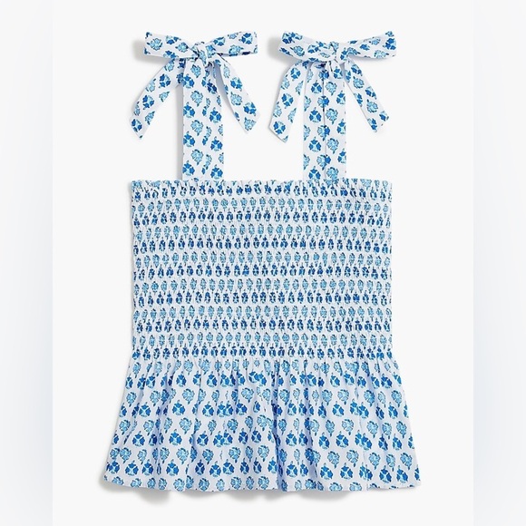 J. Crew Smocked Tie-Shoulder Tank Top, Blue and White, Size XS - Picture 2 of 16